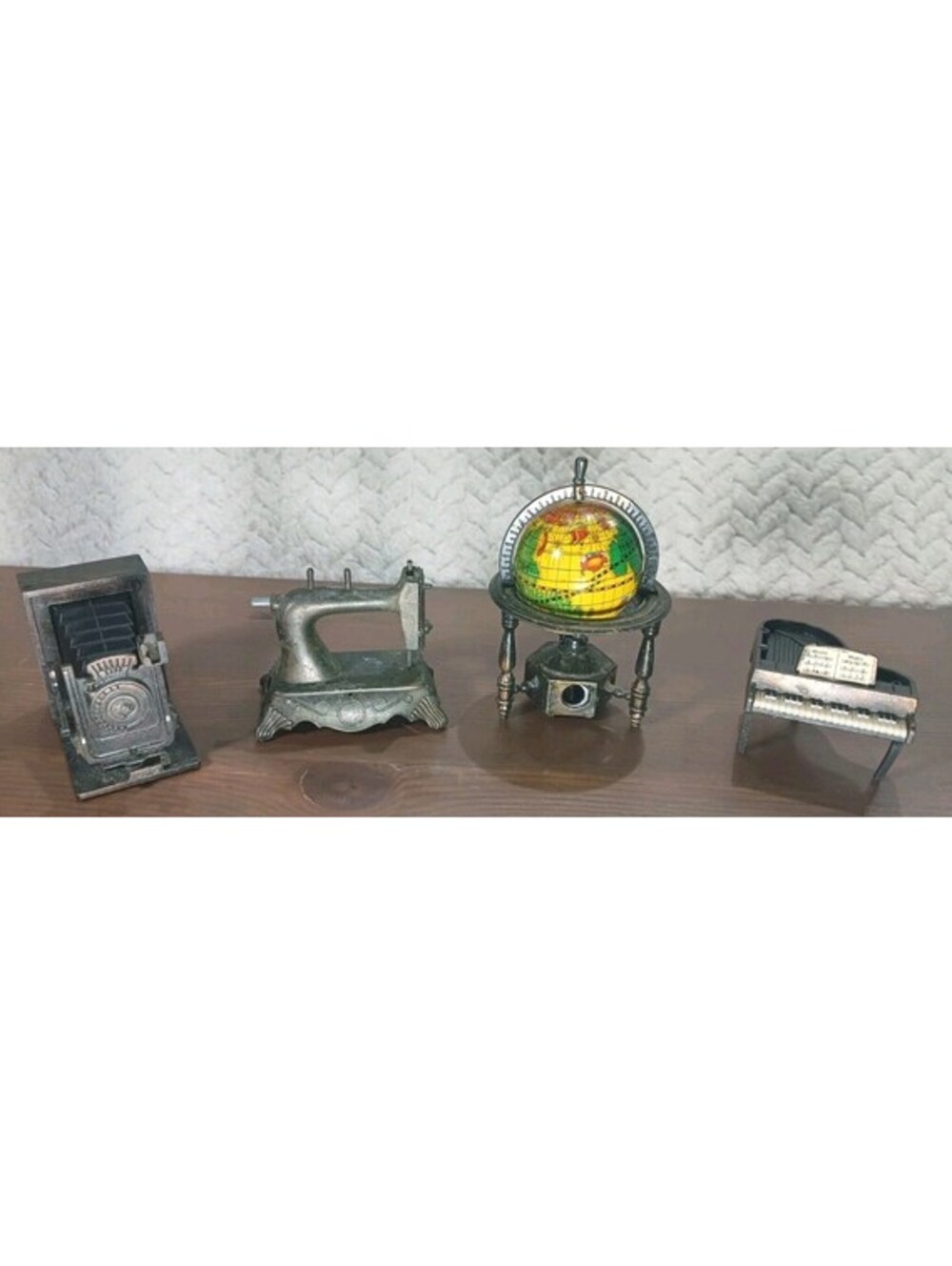 Vintage Grand Piano - Camera - Sewing Machine & Globe Metal Pencil Sharpeners